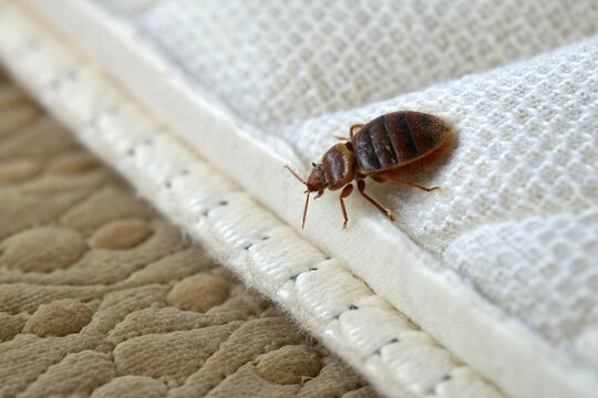 A close-up of a reddish-brown bed bug at the seam where a white textured fabric meets a beige quilted mattress material.